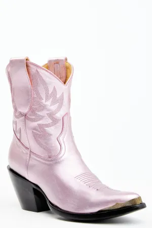 Tickled Metallic Pink Leather Fashion Western Booties - Round Toe