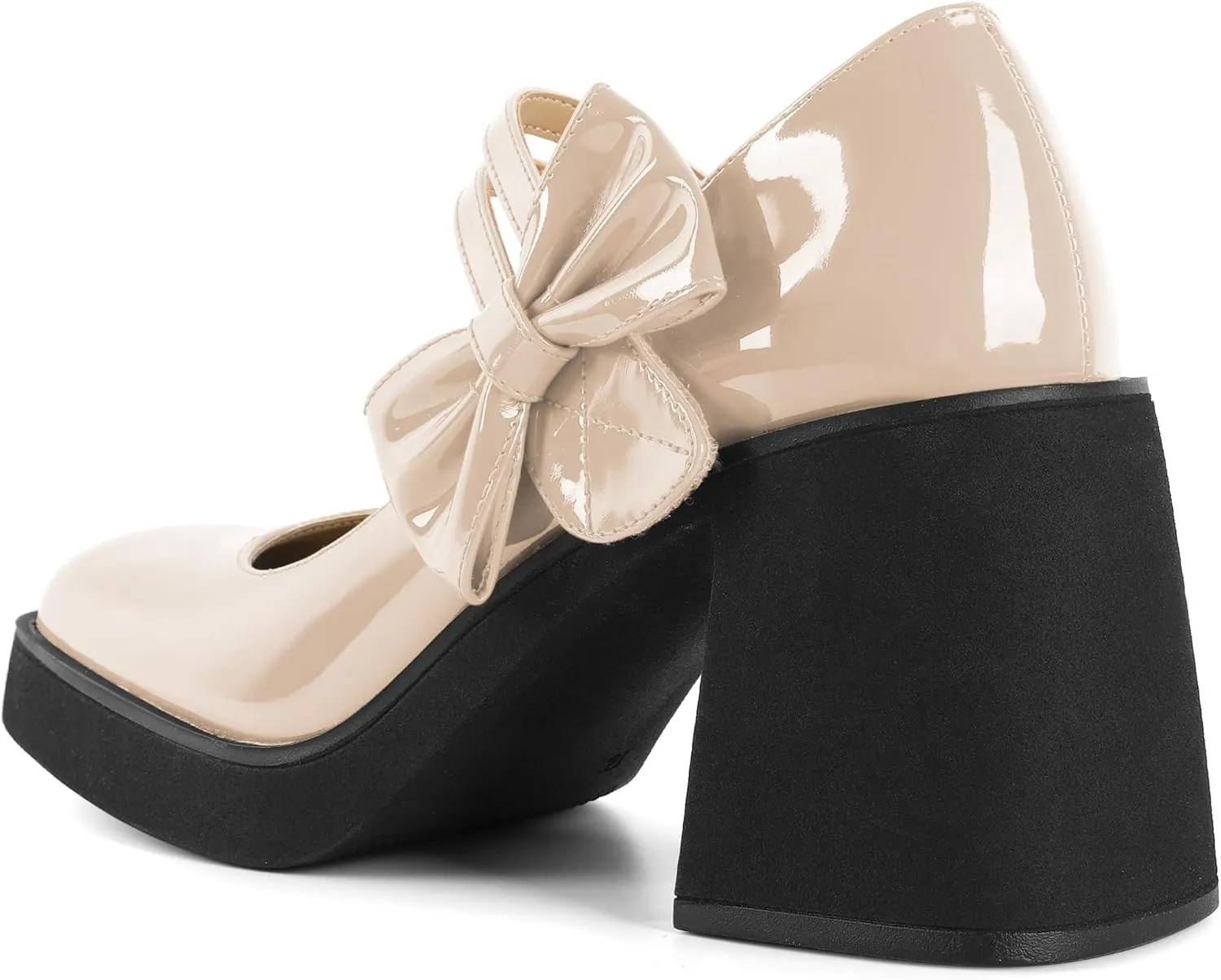 Women's Mary Jane Shoes Bow Heels Square Toe Heels Chunky Heel Pumps 3.4 Inch Cute Beauty Dressy Shoes