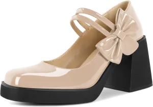 Women's Mary Jane Shoes Bow Heels Square Toe Heels Chunky Heel Pumps 3.4 Inch Cute Beauty Dressy Shoes